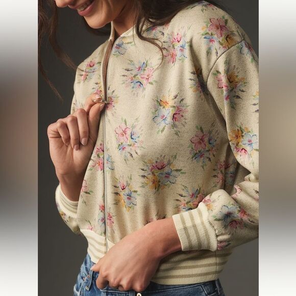Maeve x Anthropologie Printed Floral Lurex Knit Bomber Jacket - Picture 1 of 8